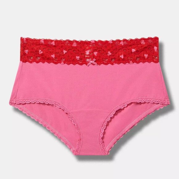 Torrid Panties 0X (L) Brief Pink Red Cotton Lace Heart Waistband Underwear Plus - Picture 1 of 3